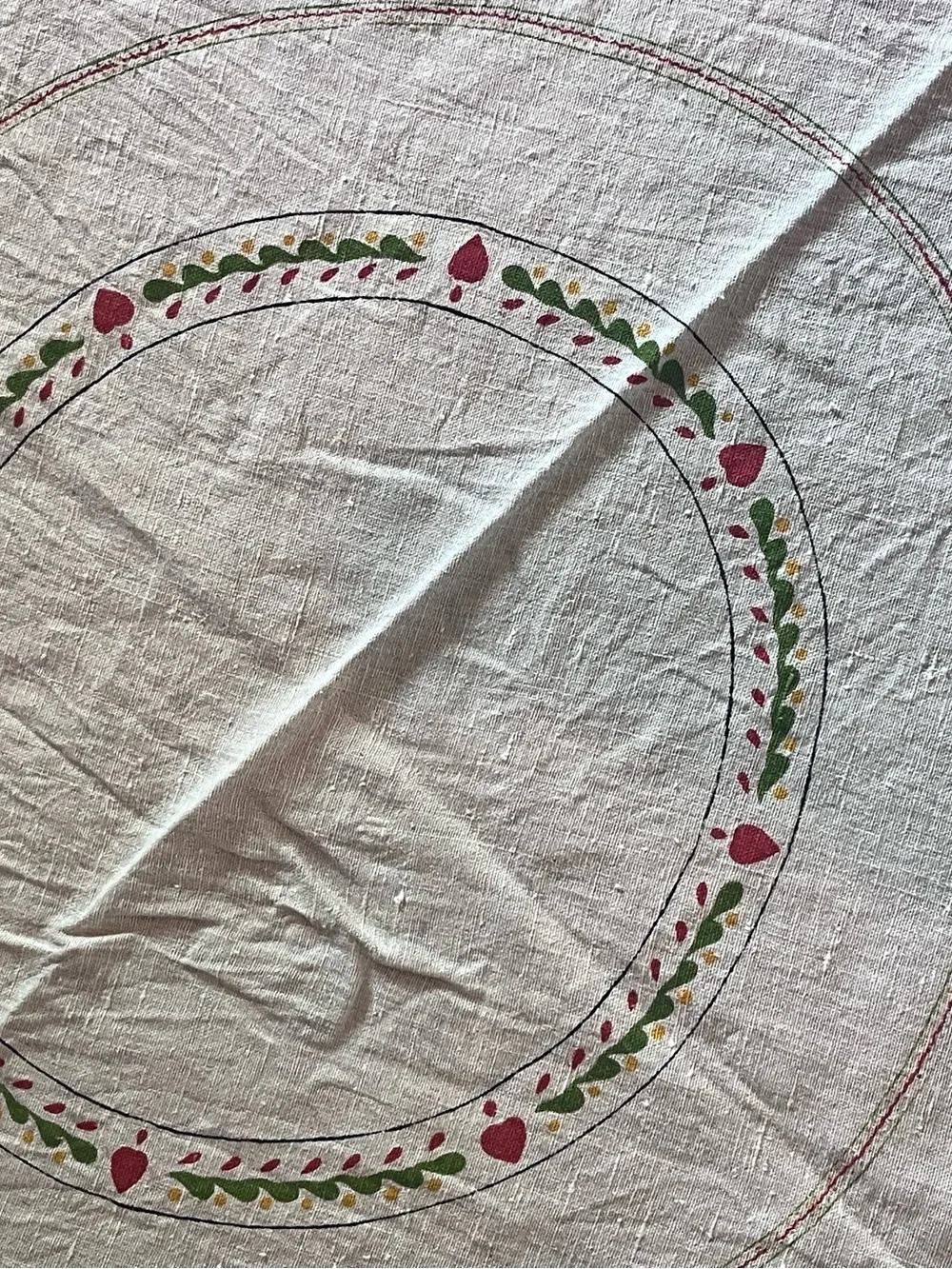 Set of 2 1950s tablecloths Pennsylvania PA Dutch Folk Art 56” Round & floral sq